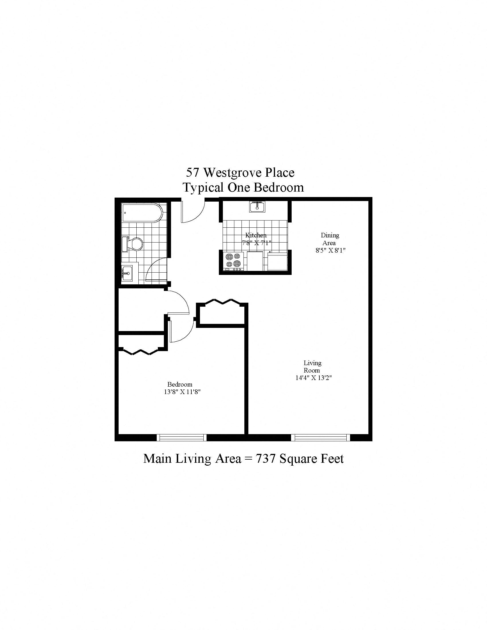 Floor plan for 1 bed, 1 bath, 737 sqft